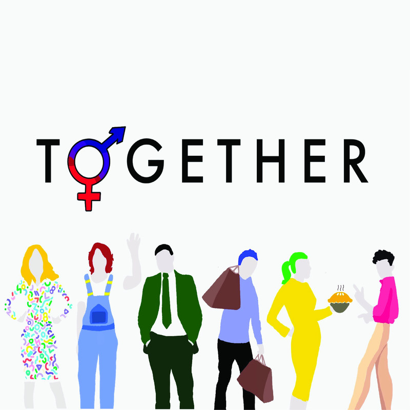 A graphic cartoon image of six different people, from various different backgrounds. Above them is the word 'Together'. The female and male sign make up the first o in together.