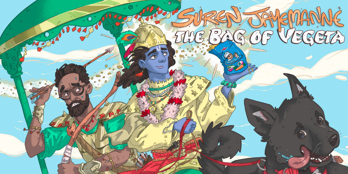 An animated image of comedian Suren Jayemanne riding in a carriage with Krishna holding a bag of vegetable stock, Vegeta.