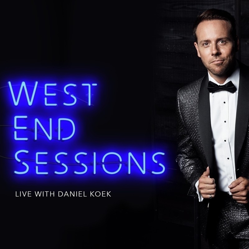 An image of a man wearing a shiny black suit, white shirt and black bow tie, staring at the camera. The text to the side of the image reads, ‘West End Sessions’ in neon blue lettering and ‘Live With Daniel Koek’ in white font. The background is plain black.