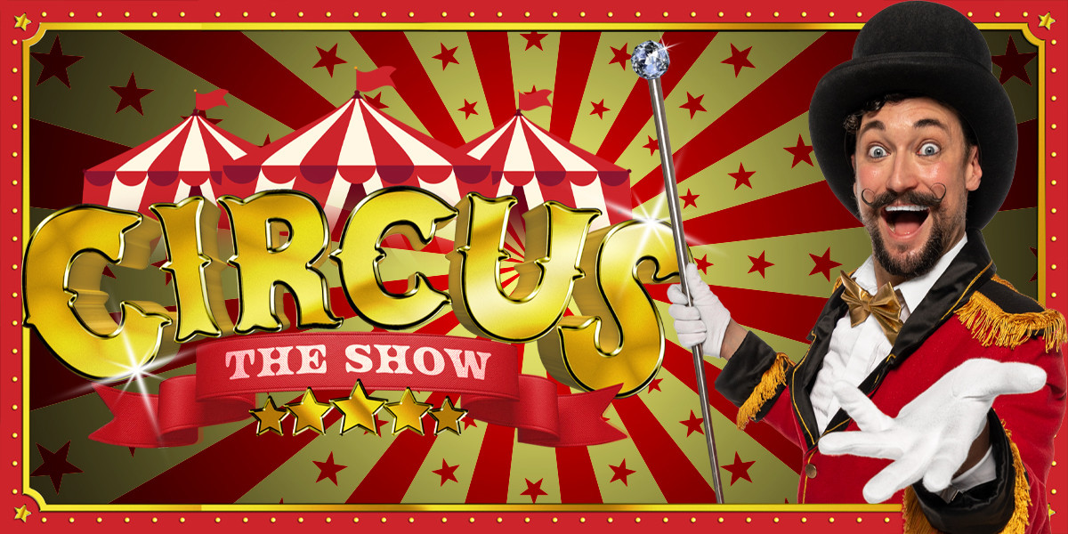 CIRCUS Logo and Ringmaster in costume against a red and yellow background