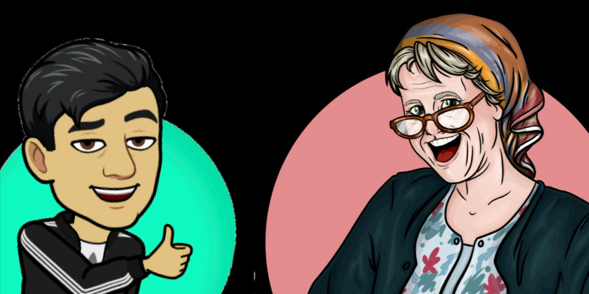 Cartoon of DJ Tim and Granny Flaps with black background
