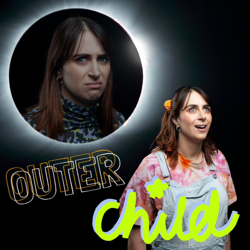 The title "Outer Child" is in bright orange and green letters, in front of two images of Ashley: one is at the forefront of the image, it's Ashley as a child looking off into the upper distance, hopeful as her eyes are filled with possibility and excitement. The second image blends in slightly with the background,  Ashley is dressed as an adult, in a glowing circle (as if she is the moon) frowning and looking fed up.