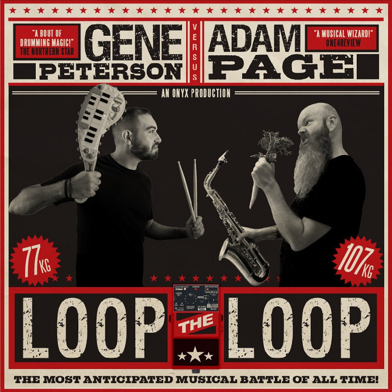 Gene Peterson faces off against Adam Page in a boxing match up styled promo shot. Gene holds a tiny keyboard in his right hand and a pair of drumsticks in his left and sneers at Adam. Adam holds a saxophone in his right hand and a carrot in his left hand and snarls at Gene.