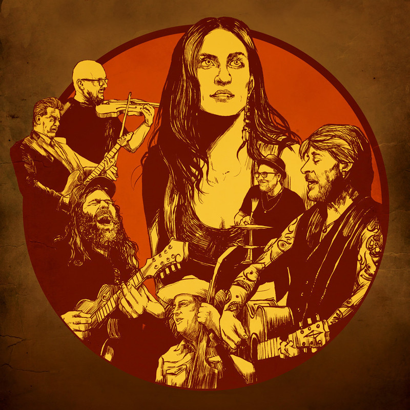 A red, yellow and brown illustration of seven musicians.