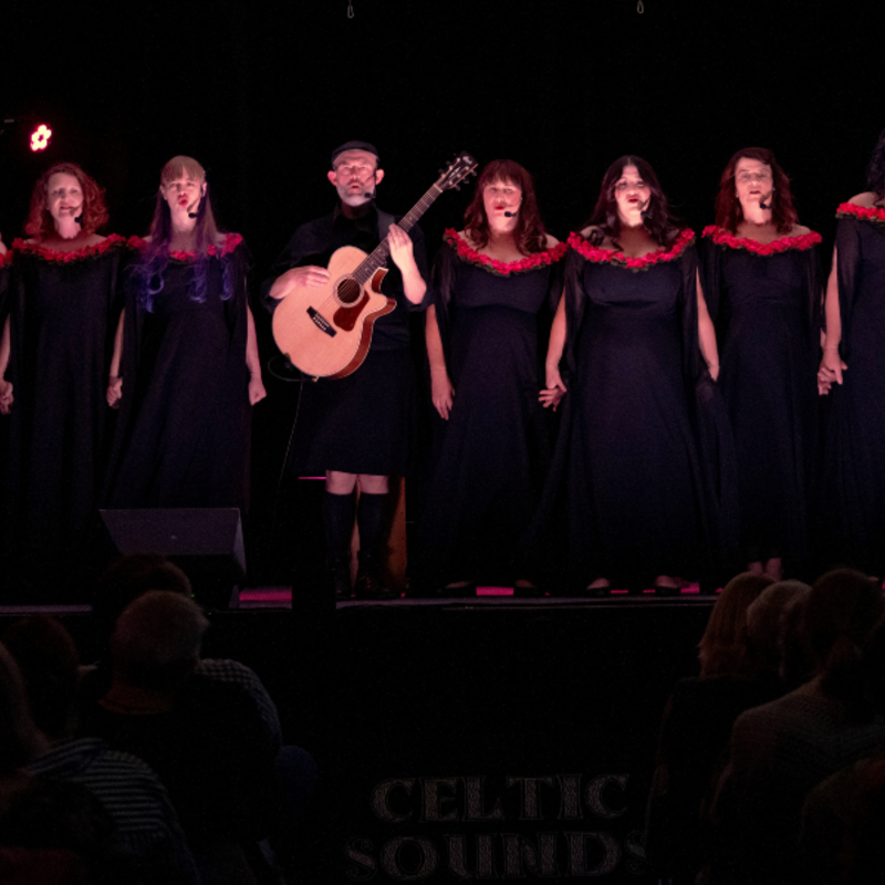A line of singers in black dresses or kilts stand at the front of the stage holding hands. The center singer is holding a guitar.
