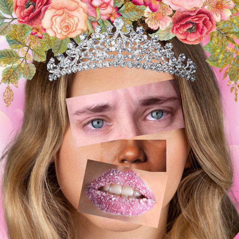 A collage image of a young woman's face created using at least 4 different women. She wears a tiara and is surrounded by vintage flowers. Pink vector background.
