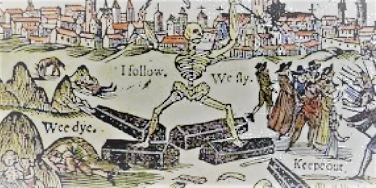 A representation of how the English reacted in the 17th century when the Great Plague struck. 
'Wee dye' represents the poor, 'I follow' represents the death of over 70,000 people, 'We fly' represents the wealthy fleeing the cities and 'keepe out' represents the locking out of safer areas for the poor and less priviliged.