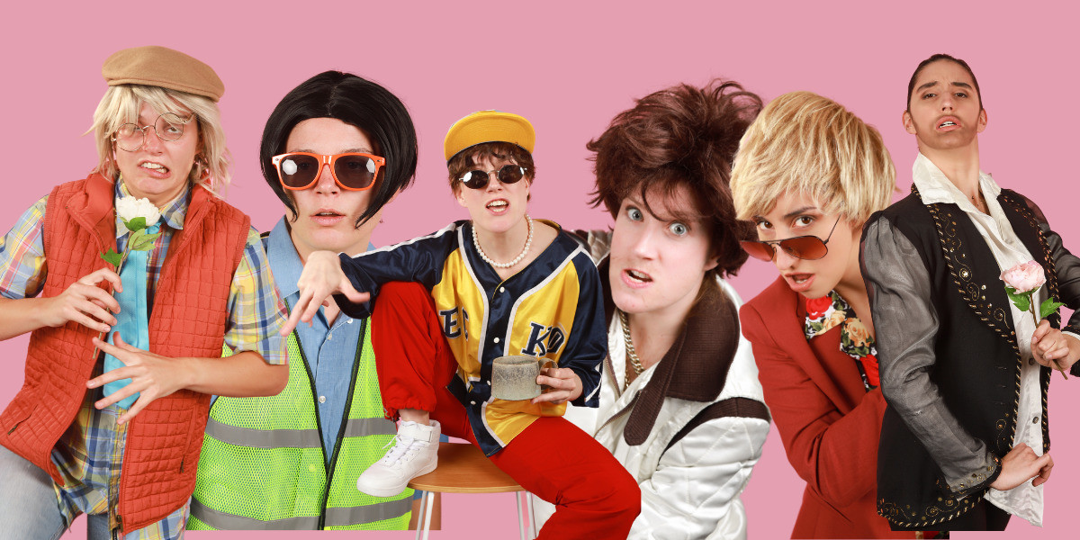 Six characters all those you'd rather stay away from. From left to right: an older gentlemen who is holding a rose which is making him sneeze, a guy wearing hi-vis, orange ray bans and a clueless look on his face, a "leftist" appearing guy with trendy clothes holding a mug and mid-monologue, a threatening boxer-looking type, a guy with bleach blonde hair and red suit suggestively poking his head out from behind, and a very polished man with stubble holding a rose who looks like he is seconds away from a flamenco dance break.