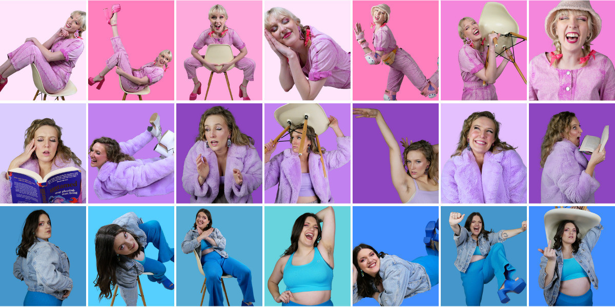 A grid of 7 x 3 rectangles, the rectangles containing images of three women. The top line contains images of Rosie, a white woman with platinum blonde hair who is wearing a pink boiler suit. In the various photos of her she is smiling and pulling silly faces, posing with chairs, a bucket hat and rollerskating equipment. The second line contain photos of Mim, a white woman with dark blonde hair wearing various purple outfits, smiling and pulling silly faces with various props including a book and a chair. The bottom line contains photos of Jemma, a white woman with brown hair, wearing various blue outfits, smiling and pulling silly faces and posing in various contorted positions. The overall effect of the three lines of photos is an image of the bisexual flag - a strip of pink (top), purple (middle) and blue (bottom).