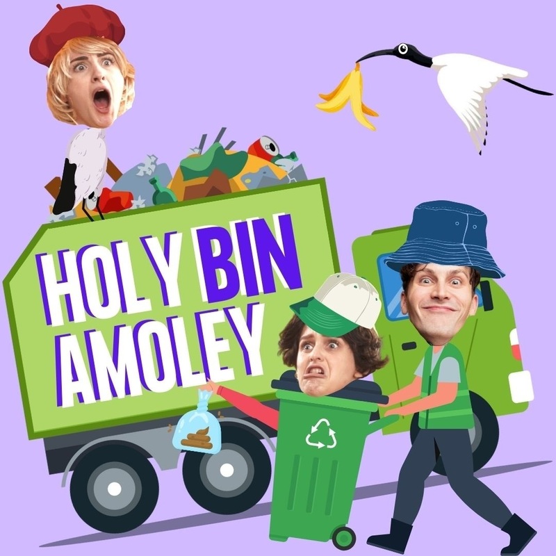 HOLY BIN AMOLEY - Green garbage bin with rubbish and cast members