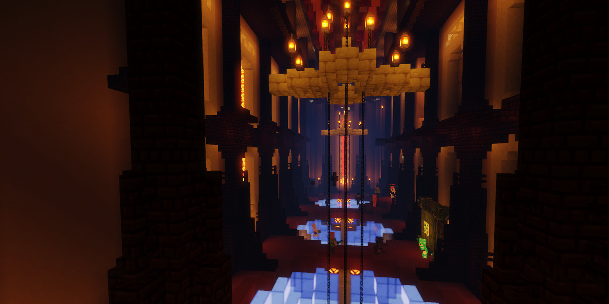 A screenshot from the video game Minecraft shows a dimly lit, upside down ballroom. Chandeliers ride from the floor, which is made of glass skylights. Player avatars can be seen at various points on the ground of the room.