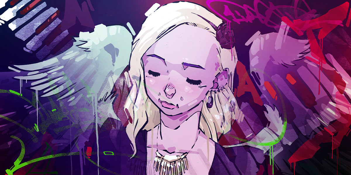 illustration of a blonde woman looking down at the piano that's out of the frame. she's wearing a dress and a necklace. her hair is wavy and she's wearing a black headband. the image is pink and purple, with graffiti style background and an abstract illustration of a piano keyboard