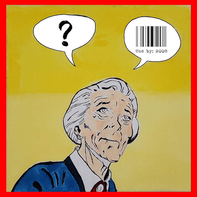 Aware - Pop art image of older woman with thought bubbles above her head which show a question mark and a use by date barcode.