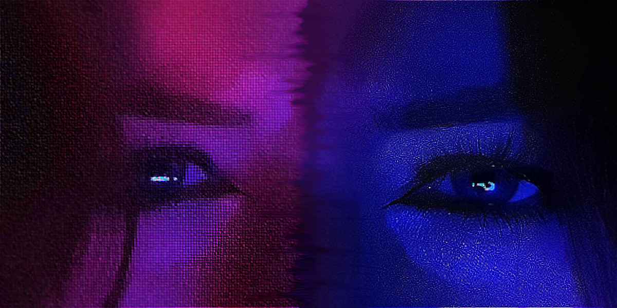 Welcome to the Internet - A closeup of an eye with dark eyeliner, looking to the left of the screen, revealing the reflection of a question mark, in the eye. Dark blue and magenta shadows cast the face.