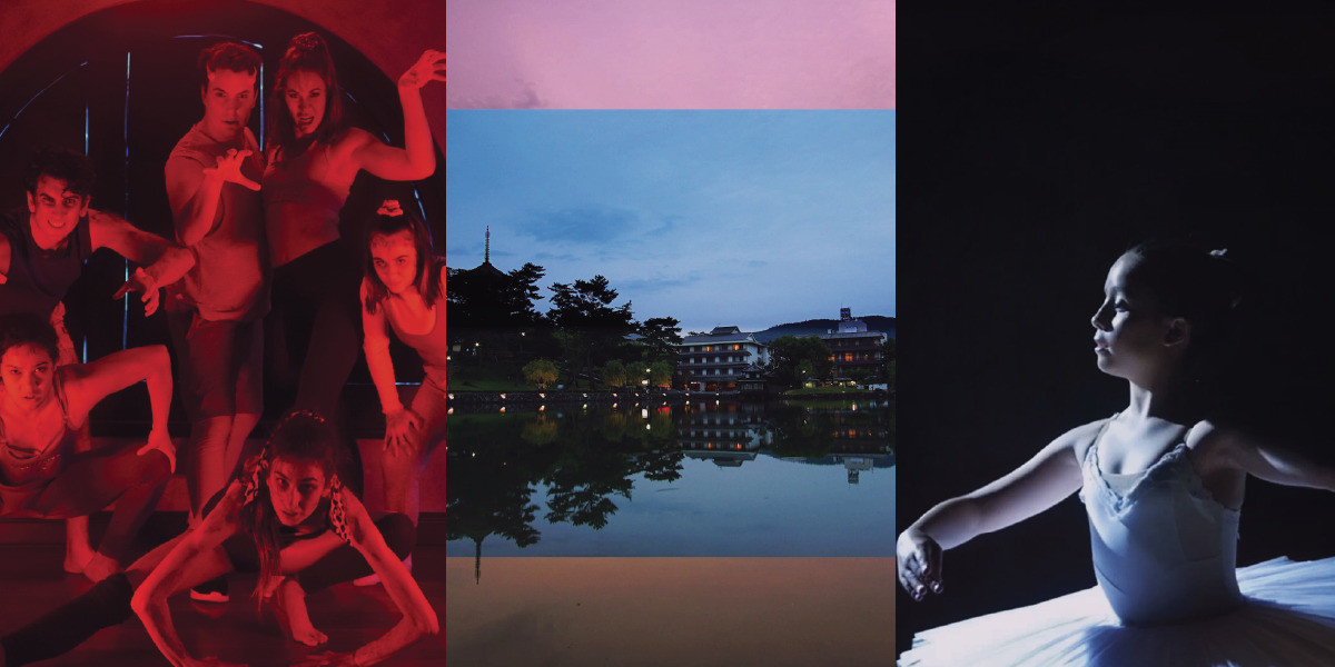 A triptych of images showing, a group bathed in red light making aggressive poses to the camera, a Japanese style pagoda by a pond, a young girl in a tutu dancing in a dark space.