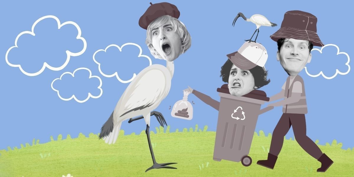 CHARLIE & THE BIN CHICKEN - Three kids. They all have cartoon bodies. One is wearing a hat pushing a bin. One has the bin as a body, with a bin chicken sitting on its head. The final one has the body of a bin chicken. The trio stands on green grass. With a blue background with clouds.