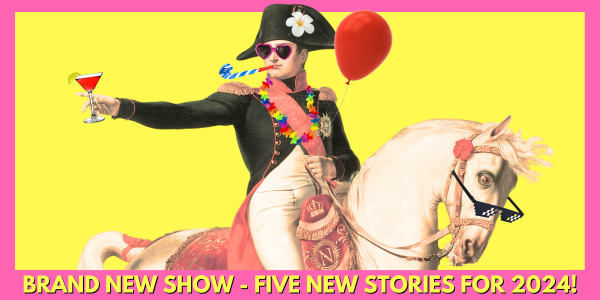 A comical image of Napoleon on a horse wearing sunglasses whilst holding a balloon