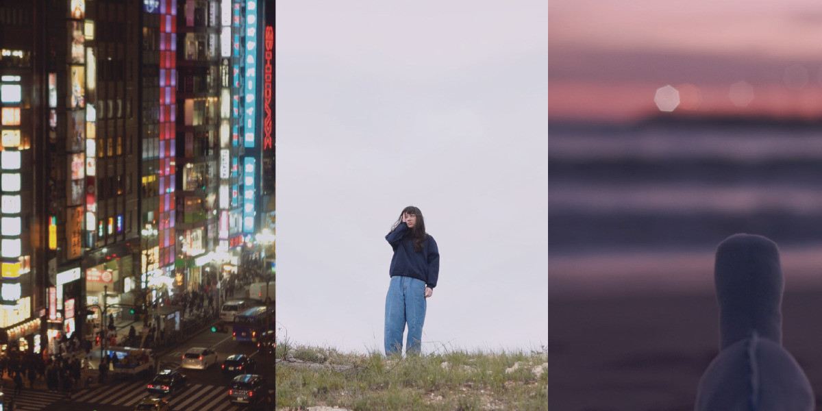 A triptych of images showing, a city landscape, a young lady standing along on a hill, and plush dinosaur toy on the beach at sunset