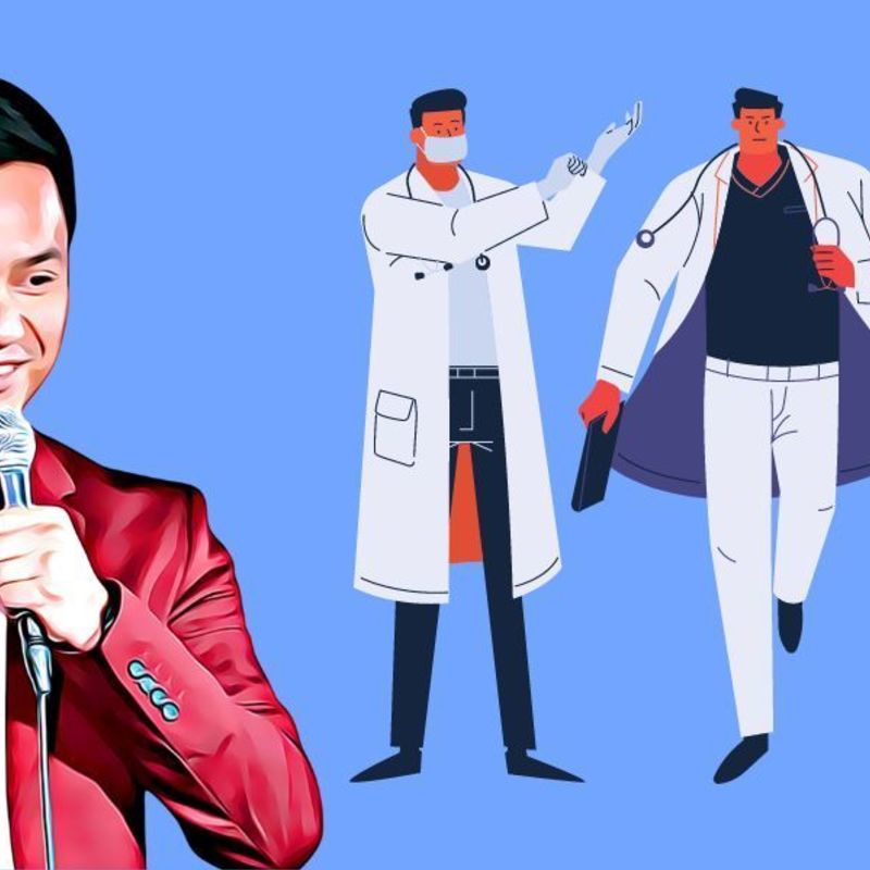 Doctor comedian Kim Le wearing a stethoscope and red suit jacket smiling whilst telling jokes into a microphone. Funny Medical related icons.