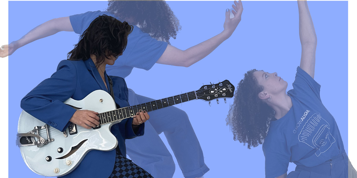 Embodying Sound - Female guitarist and dancer dressed in blue on light blue background