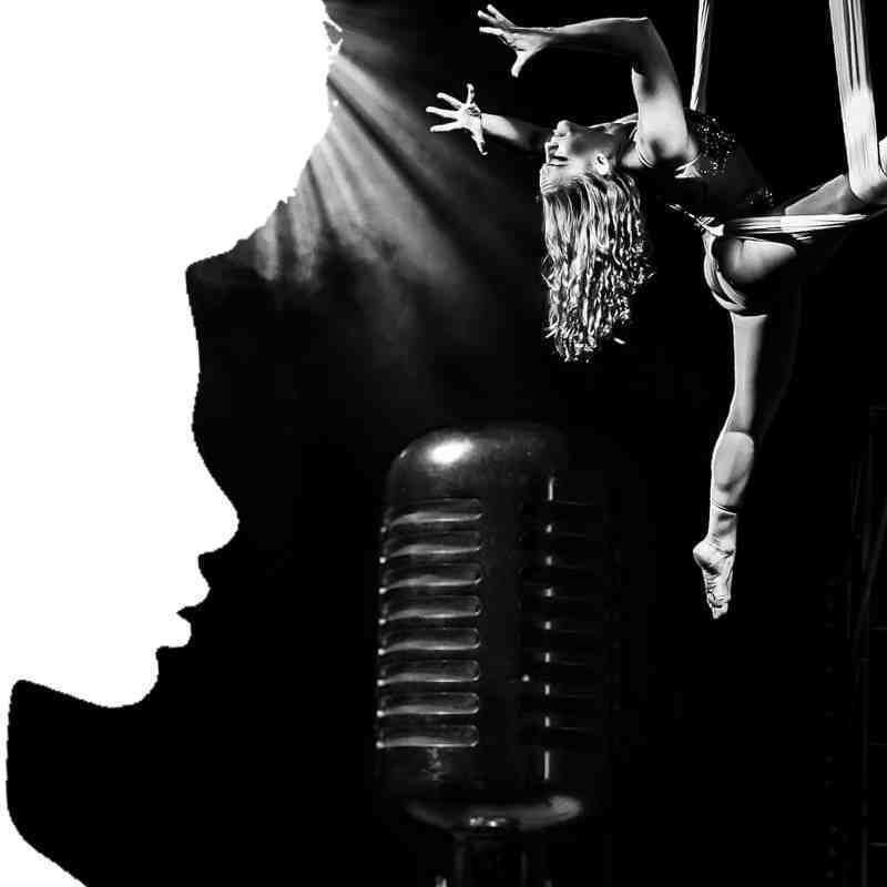 A black and white image of a microphone in the centre, and an outline of a person’s face to the left of the image. In the top right corner is an aerial acrobat suspended in the air with fabric.