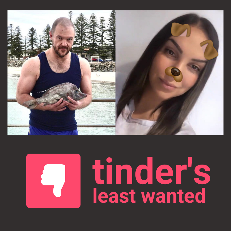 Jono is on Brighton jetty holding a fish. Sophy is pictured with a dog filter. Underneath is the Tinder's Least Wanted logo.