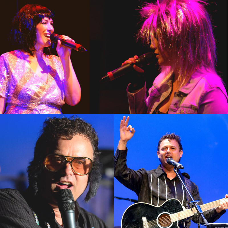 Four separate images of four separate performers. All singing on stage with bright lights behind them.