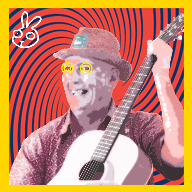 A man playing guitar and smiling. His image is in a high contrast psychedelic style, his eyes are yellow concentric circles. The background is red and blue spirals, like a sixties pop poster.
