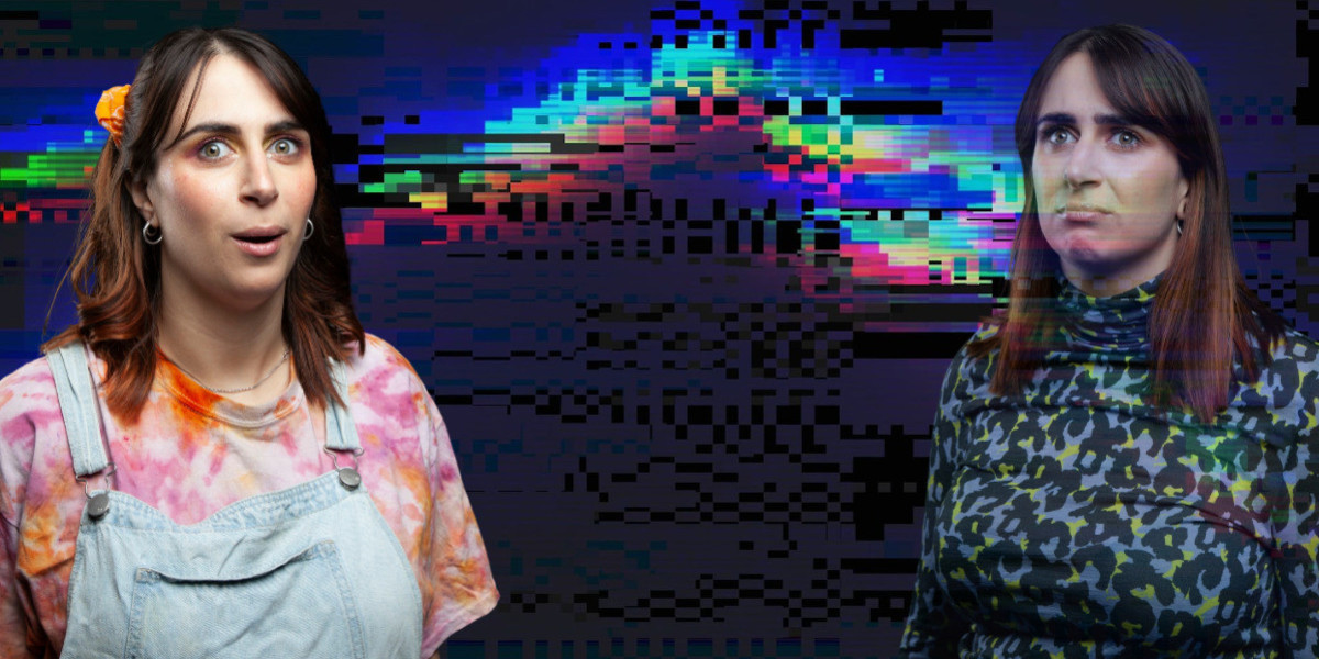 In front of a black background that has colourful pixelations, Ashley stands to the left of the image, in a colourful tie-dyed t-shirt covered by denim overalls. She has colourful scrunchies in her hair and looks at the camera with an excited, curious look on her face, her eyes wide and her mouth open and rounded, as if she's saying "ooooh!" Another representation of Ashley wearing a purple leopard print skivvy, stands on the right side of the image, looking into the camera with an annoyed, disgusted frown on her insecure face.