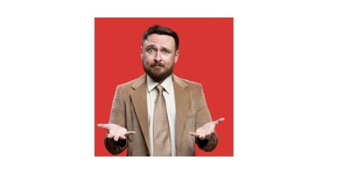 The Cognitive Behavioural Terrorist (2.0) - Red background, a person with short brown hair in a light brown suit with a confused expression on their face.