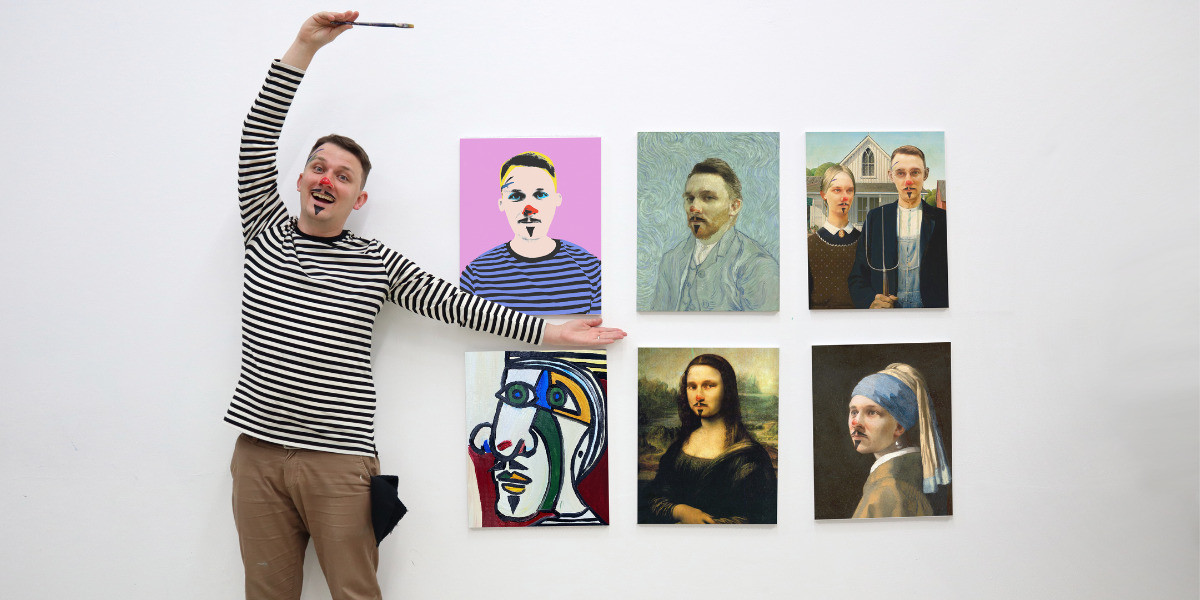 A painter in a black and white striped shirt, and brown pants, with red paint smeared on his nose like a clown, a drawn-on, black triangular moustache and goatee, and blue paint smeared on his forehead stands proudly showcasing six artworks he has created. They are all parodies of famous artworks including an Andy Warhol style portrait, a Vincent Van Gogh self portrait, American Gothic, a Picasso cubism style portrait, the Mona Lisa and the Girl With The Pearl Earring. All of the portraits have the artist's face instead of the real faces.