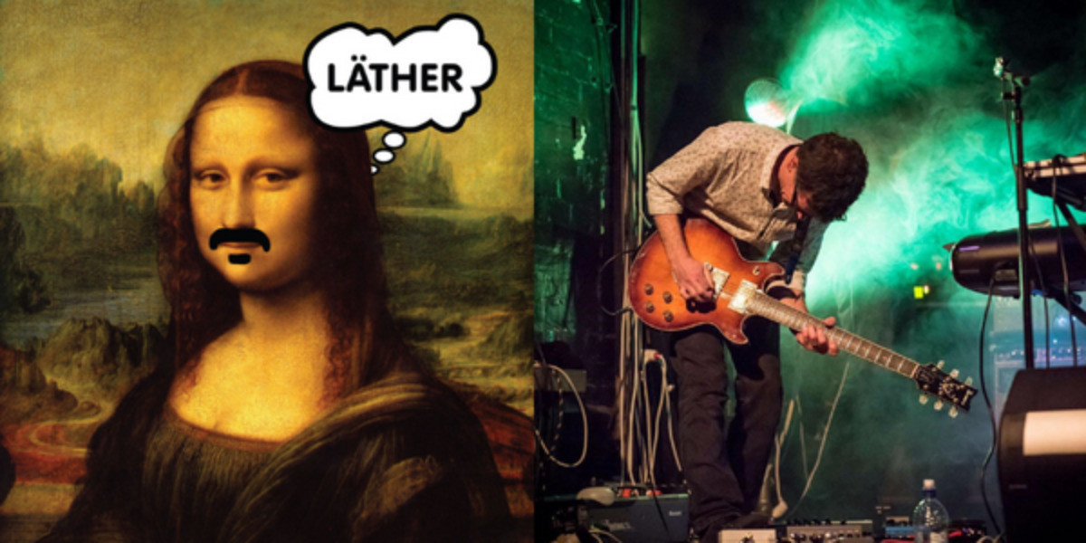Mona Lisa with FZ moustache. Tim Hogan playing guitar