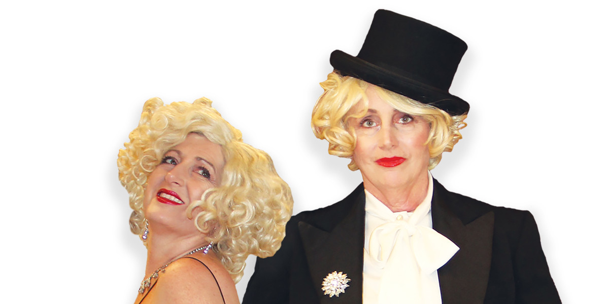 The Blonde Bombshells of Jazz - headshots of two singers in blonde wigs on left is Marilyn Monroe look alike side on looking upwards and on right looking straight on is Marlene Dietrich look alike black suit white shirt, top hat and glitz brooch on lapel both with red lipstick
