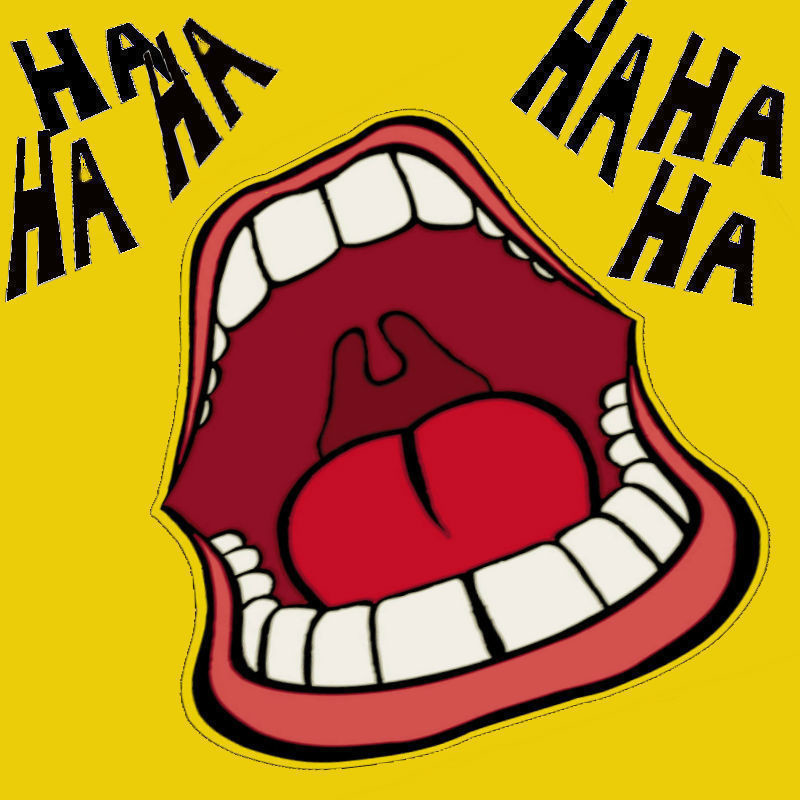 The Adelaide International Comedy Gala - A large mouth laughing on a yellow background with the word 'ha' scattered around the mouth.