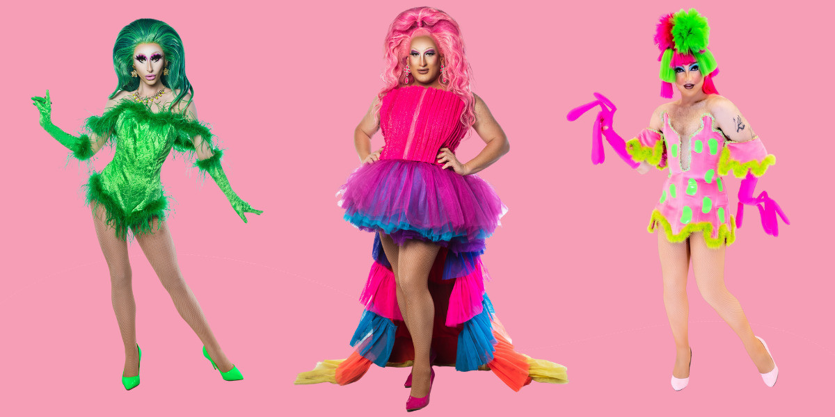 Three drag queens on a pink background