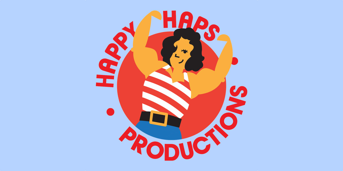 The Juggle - Managing Motherhood While Working in the Arts - Cartoon image of a strong woman in a striped shirt encircled by the words "Happy Haps Productions".