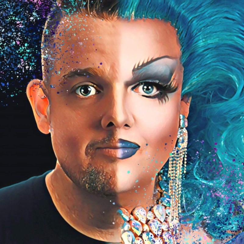 Two faces merged as one in the middle. On the left-hand side is a male-presenting person with brown hair and on the right a blue-haired female-presenting person with blue eyeshadow and lipstick. Splashes of paint come in from the top right and left-hand corners of the image.