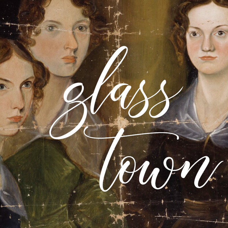 Glass Town - from NYC - A classic painting of three women in period dress, it has scratch marks across it like it was folded into a small square. In large white cursive font it reads "glass town".