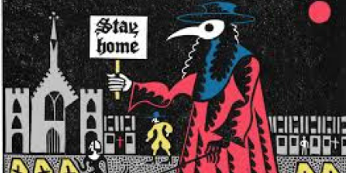 Stay home sign being held by a masked 17thC figure