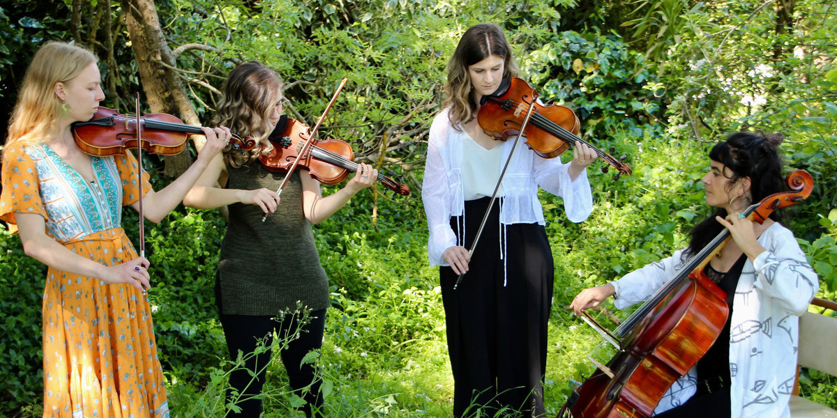 Four women in a semicircle surrounded by green grass, tall trees and a bright blue sky. The first woman is playing a violin and wearing a bright orange and blue flowy, followed by a wavy haired violinist with a deep green top on, playing her violin, then to a viola player in a white delicate shirt and black pants, finally a cello player sitting down with curly black hair and a white jacket with grey details.