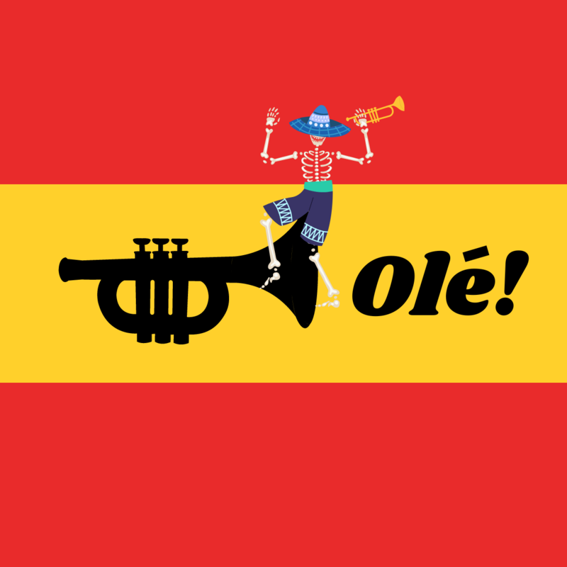 125 Years of Brass - An image of a red background with a yellow stripe along the centre. A trumpet, the word Ole' through the centre. A skeleton is sitting on the trumpet in blue shorts and a sombrero.