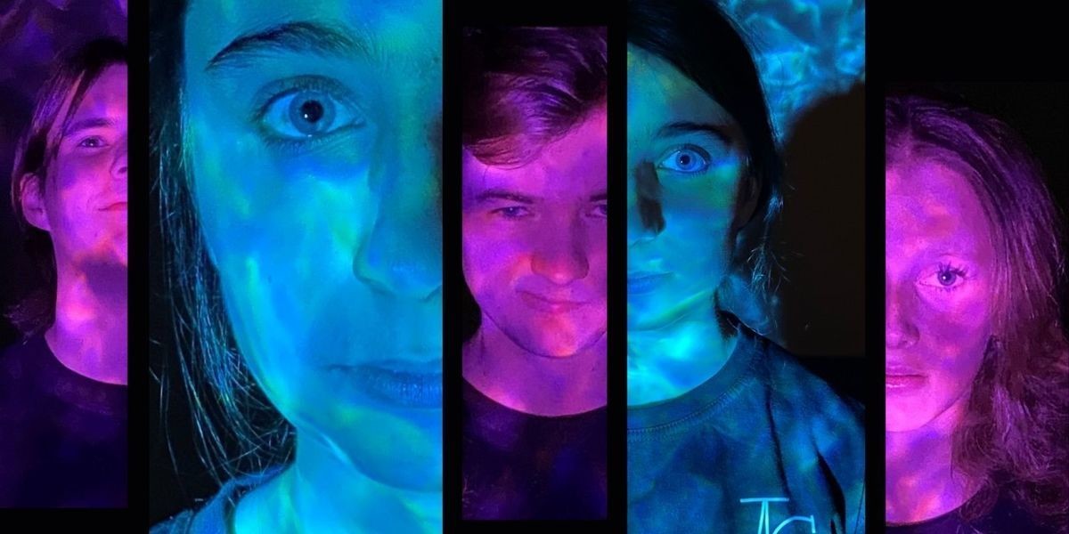 Know Your Enemy/Talking Underwater (Double Bill) - Up close photos of four cast members faces with either pink or blue wave lights shining on their faces, eerily illuminating them.
