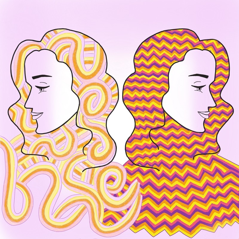 ANTITHESIS - Image of two heads with long hair facing away from each other, on person has colourful curved lines in their hair, the other has colourful straight lines. There is faded pink background.