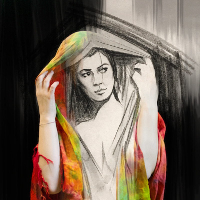 Woman in a hood, partial photograph partial sketch