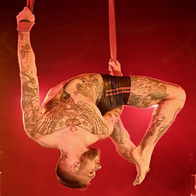 A heavily tattooed man hanging upside down from aerial straps contorted in an acrobatic pose wearing only black leather shorts