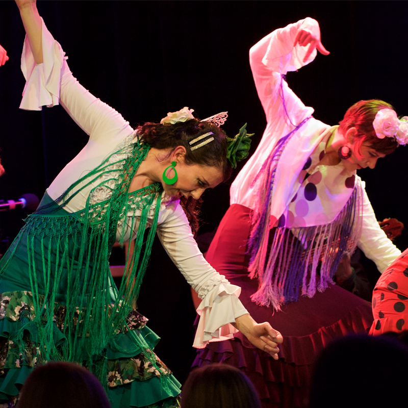 Two flamenco dancers in brightly coloured costumes, bodies in a side bend and hands curling.