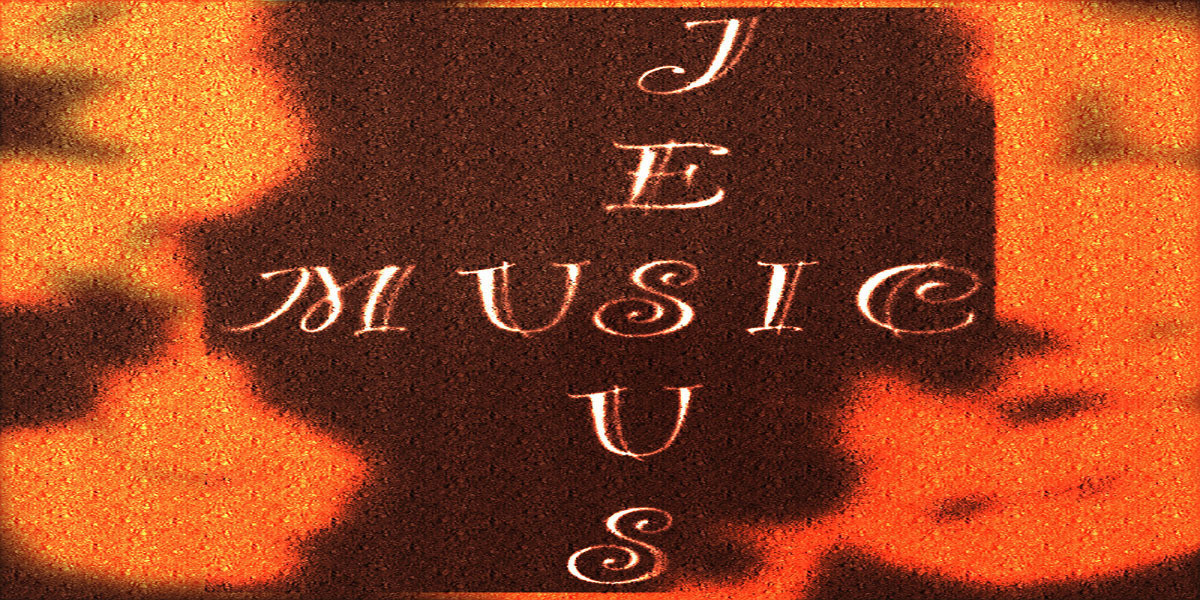 Songs of the Jesus Music Pioneers - Jesus Music text in a cross design because the words cross over each other forming the cross in the s position. The background is burnt oranges and browns with the writing as white