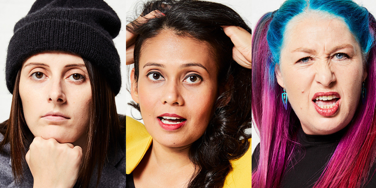 A triptych of the Take 3 performers. Annie is Caucasian, wears a black beanie and rests her chin on her hand. Kru is South-East Asian and lifts her hair away from her head. Kelly is Caucasian and stares at the camera in a quizzical fashion.