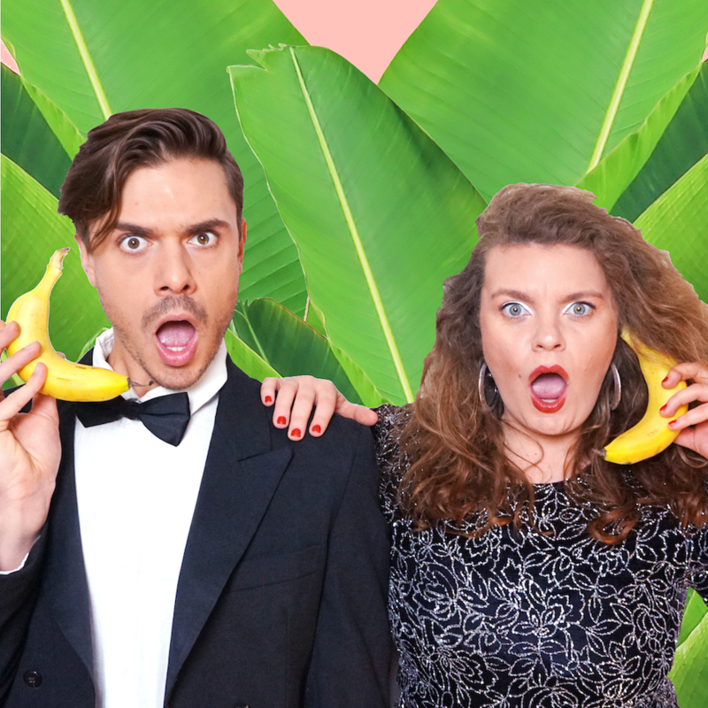 Two people holding bananas like they would a telephone are standing in front of banana leaves. The two people can only be seen from waist up. There is a peach background behind all images.