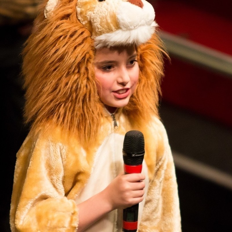 An image of a child wearing a yellow and orange lion costume holding a microphone.